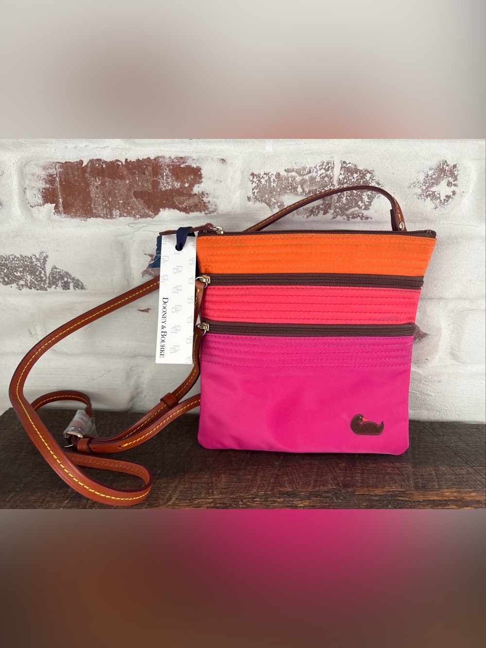 Dooney & Bourke Pink & Orange Nylon Triple Zip Crossbody 7” Bag Duck Logo w/Tags